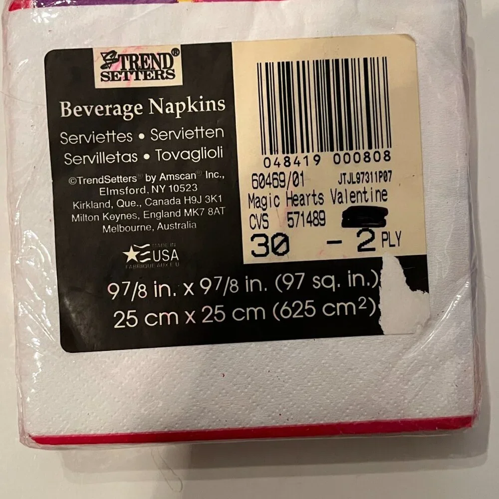 Valentine's Day Cocktail Napkins Pack of 30 Red and‎ Pink Hearts (New)